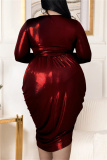 Red Fashion Sexy Bronzing Patchwork V Neck Long Sleeve Plus Size Dresses