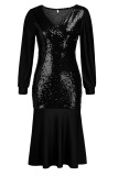Black Sexy Solid Patchwork Flounce V Neck Long Sleeve Dresses