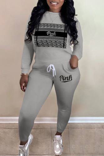 Grey Casual Print Patchwork O Neck Long Sleeve Two Pieces