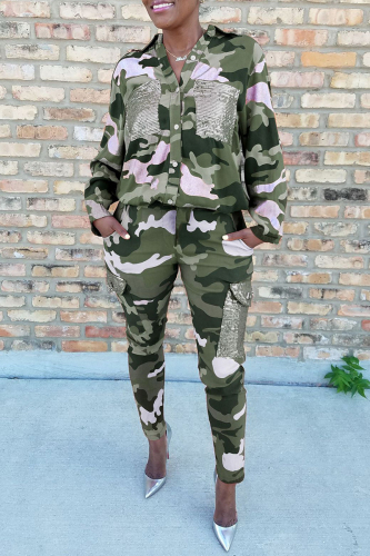 Green Fashion Casual Camouflage Print Patchwork Turndown Collar Long Sleeve Two Pieces