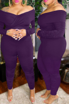 Dark Purple Fashion Casual Solid Split Joint V Neck Plus Size Jumpsuits