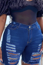 Blue Casual Solid Ripped Mid Waist Denim Shorts