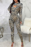 Leopard Print Sexy Print Patchwork Hooded Collar Long Sleeve Two Pieces