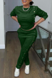 Green Casual Solid Patchwork Buttons O Neck Long Sleeve Two Pieces