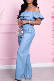Light Blue Fashion Casual Solid Backless Off the Shoulder Short Sleeve Two Pieces
