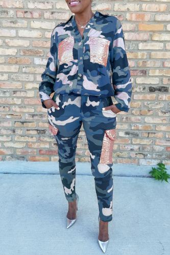 Blue Fashion Casual Camouflage Print Patchwork Turndown Collar Long Sleeve Two Pieces