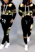 Camouflage Casual Leopard Camouflage Print Split Joint Hooded Collar Long Sleeve Two Pieces