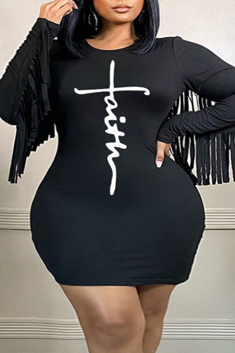 

Black Sexy Print Tassel O Neck Plus Size Dresses