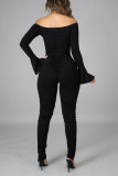 Black Sexy Solid Bandage Patchwork Fold Off the Shoulder Regular Jumpsuits