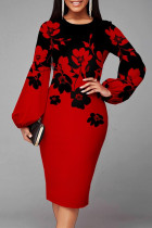 Red Fashion Casual Print Basic O Neck Long Sleeve Dresses