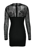 Black Sexy Solid Patchwork See-through Hot Drill O Neck One Step Skirt Dresses