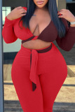 Tangerine Red Sexy Solid Bandage Patchwork V Neck Plus Size Two Pieces