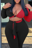 Red Sexy Solid Bandage Patchwork V Neck Plus Size Two Pieces