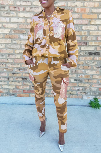 Yellow Fashion Casual Camouflage Print Patchwork Turndown Collar Long Sleeve Two Pieces