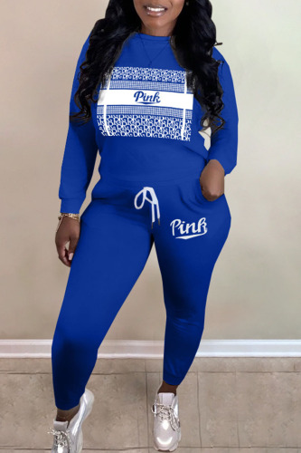 Blue Casual Print Patchwork O Neck Long Sleeve Two Pieces