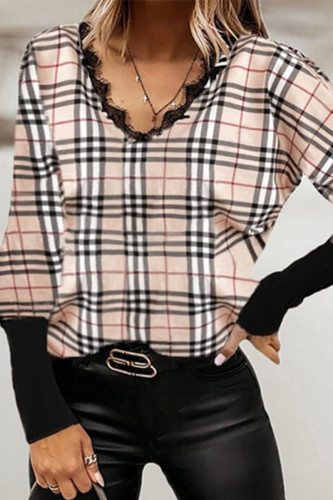 Light Khaki Fashion Casual Print Basic V Neck Tops