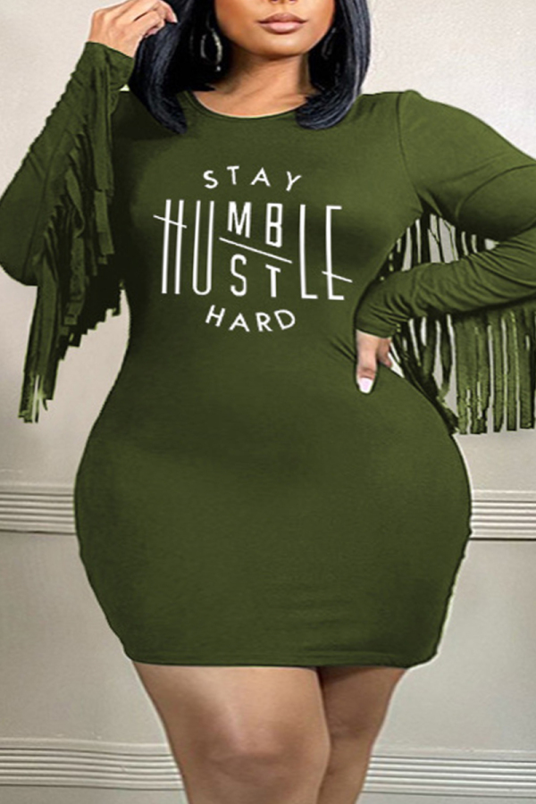 Ink Green Casual Print Tassel Split Joint O Neck One Step Skirt Plus Size Dresses