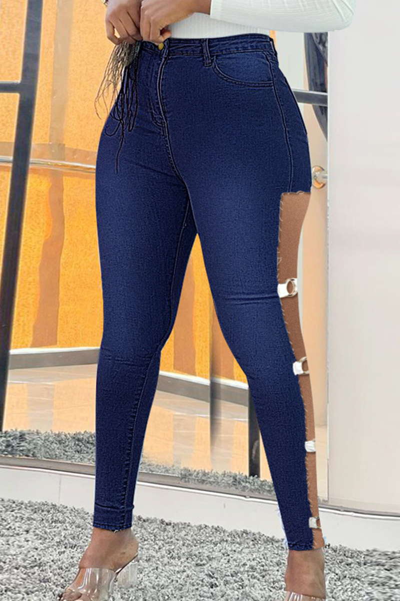 Deep Blue Fashion Casual Solid Hollowed Out Plus Size Jeans_PLUS SIZE ...