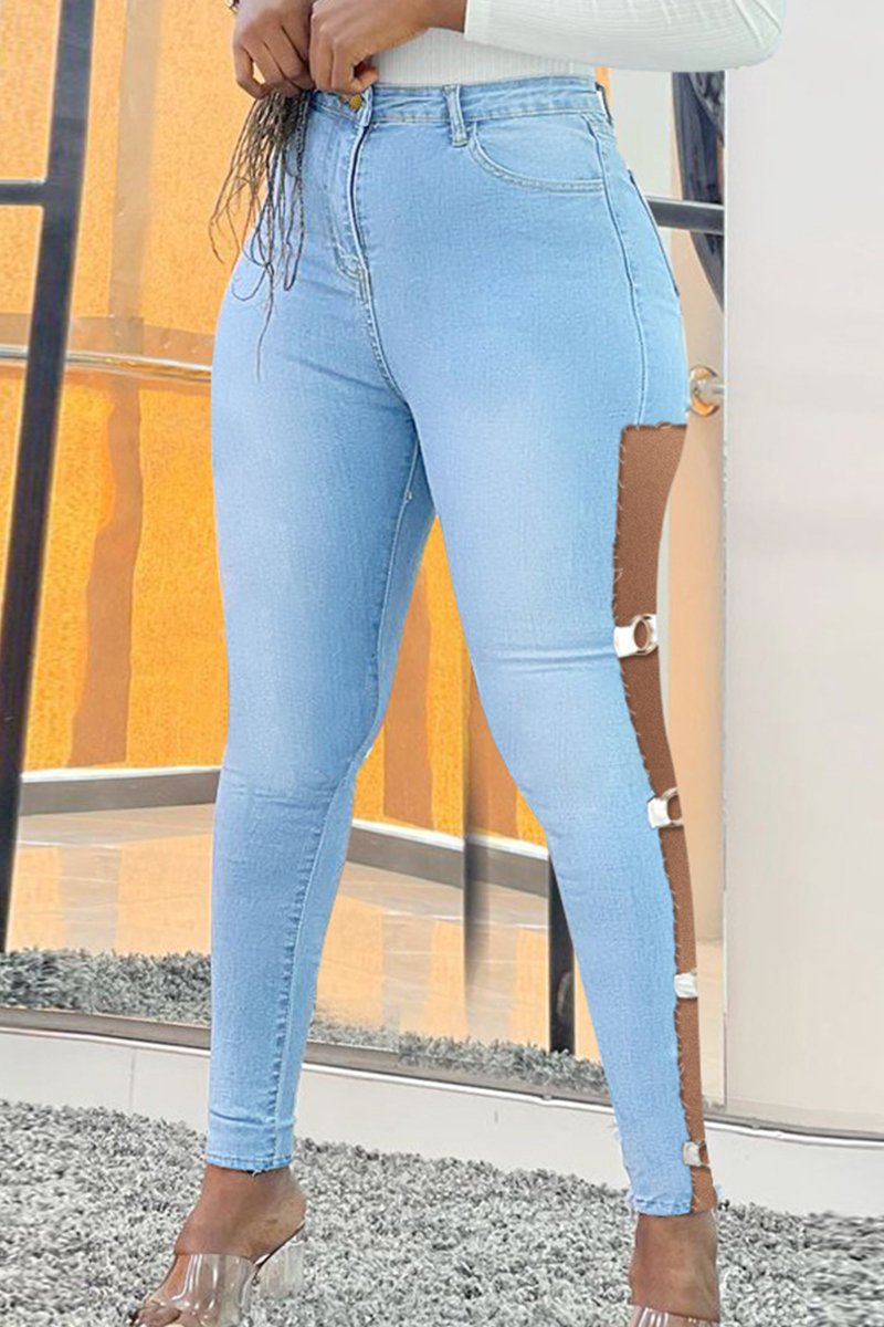 Light Blue Fashion Casual Solid Hollowed Out Plus Size Jeans_PLUS SIZE ...