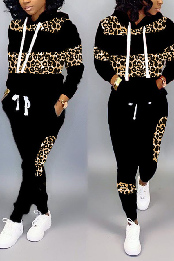 Leopard Print Casual Leopard Camouflage Print Patchwork Hooded Collar Long Sleeve Two Pieces