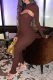 Brown Sexy Casual Solid Bandage Backless Turtleneck Long Sleeve Two Pieces