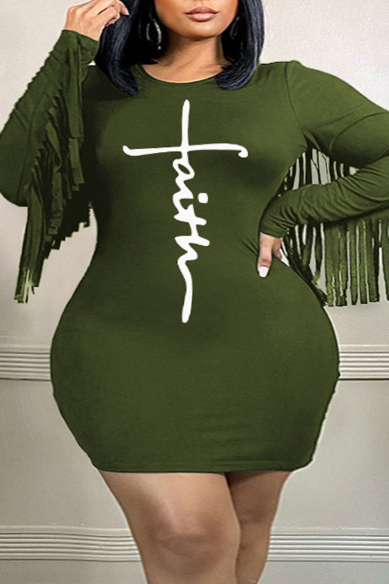 

Ink Green Sexy Print Tassel O Neck Plus Size Dresses