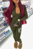 Army Green Casual Letter Print Basic Zipper Collar Jumpsuits