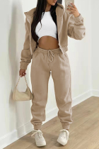 Khaki Fashion Casual Solid Cardigan Pants Hooded Collar Long Sleeve Two Pieces
