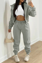 Grey Fashion Casual Solid Cardigan Pants Hooded Collar Long Sleeve Two Pieces