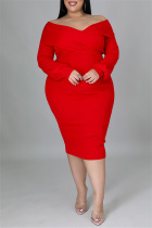 Red Fashion Casual Solid Split Joint Off the Shoulder Long Sleeve Plus Size Dresses