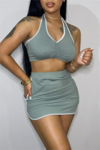 Grey Sexy Casual Solid Split Joint Backless Halter Sleeveless Two Pieces