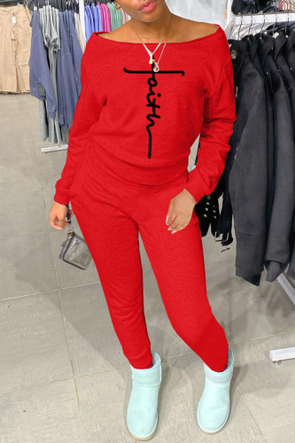 Red Casual Letter Print Patchwork Off the Shoulder Long Sleeve Two Pieces