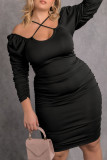 Black Fashion Sexy Solid Backless Fold Off the Shoulder Long Sleeve Plus Size Dresses