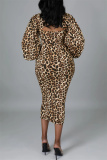 Leopard Print Fashion Sexy Print Leopard Hollowed Out Turtleneck Long Sleeve Two Pieces