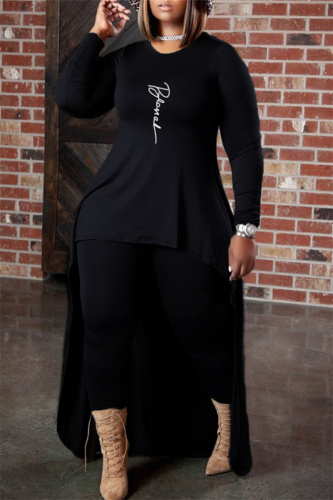 Black Fashion Casual Print Asymmetrical O Neck Plus Size Two Pieces