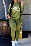 Green Fashion Casual Letter Print Basic Oblique Collar Long Sleeve Two Pieces