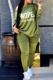 Green Fashion Casual Letter Print Basic Oblique Collar Long Sleeve Two Pieces