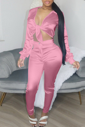 Pink Fashion Casual Solid Bandage V Neck Long Sleeve Two Pieces
