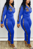 White Sexy adult Fashion Patchwork Zippered Leopard Print Two Piece Suits pencil Long Sleeve