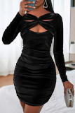 Red Fashion Sexy Solid Hollowed Out V Neck Long Sleeve Dresses