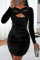 Black Fashion Sexy Solid Hollowed Out V Neck Long Sleeve Dresses