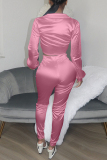 Pink Fashion Casual Solid Bandage V Neck Long Sleeve Two Pieces