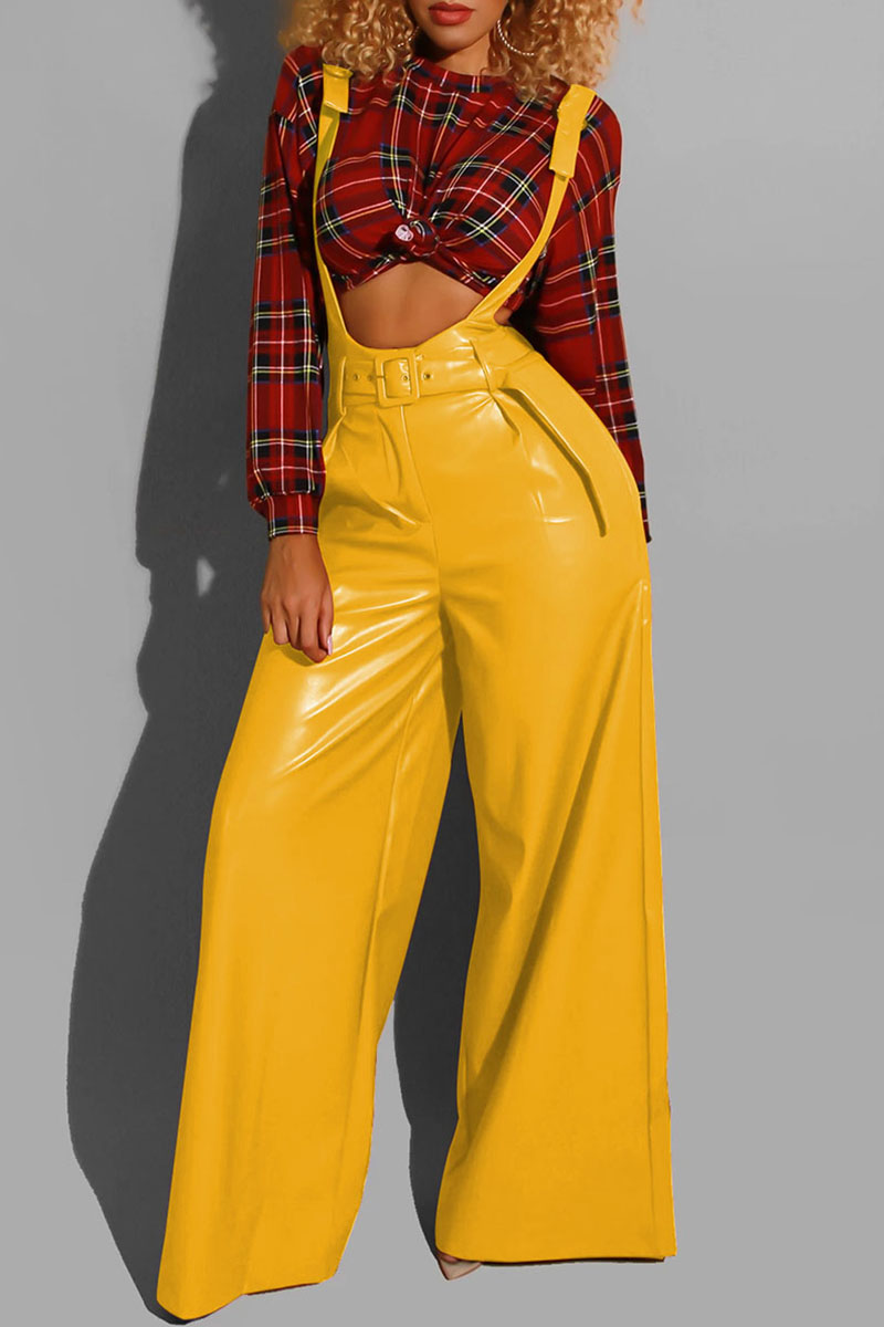 

Yellow PU Bib pants Sleeveless Mid Solid Zippered Loose Pants Pants