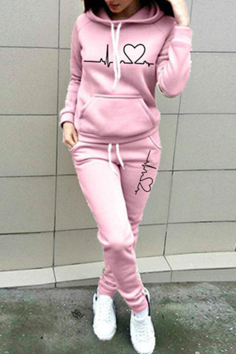 Pink Fashion Casual Print Basic Hooded Collar Long Sleeve Two Pieces