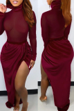 Burgundy Fashion Sexy Solid Patchwork See-through Turtleneck Long Sleeve Dresses