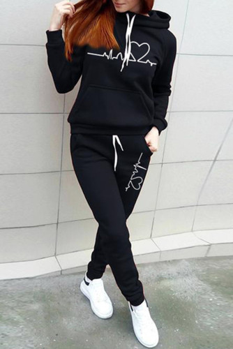 Black Fashion Casual Print Basic Hooded Collar Long Sleeve Two Pieces