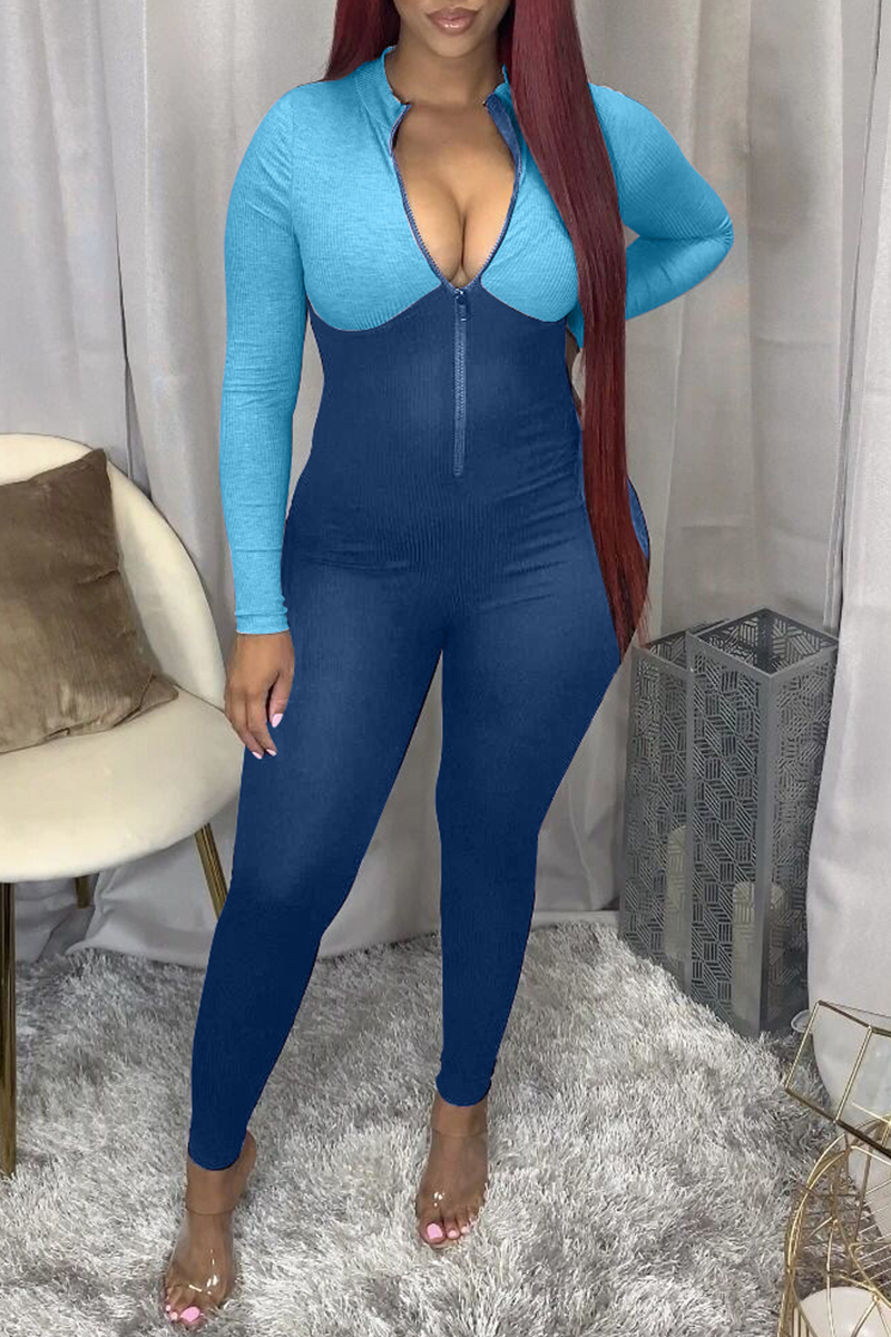 

Blue Fashion Casual Solid Split Joint Zipper Collar Skinny Jumpsuits