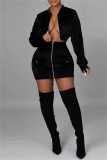 Black Fashion Sexy Solid Patchwork Zipper Collar Long Sleeve Two Pieces