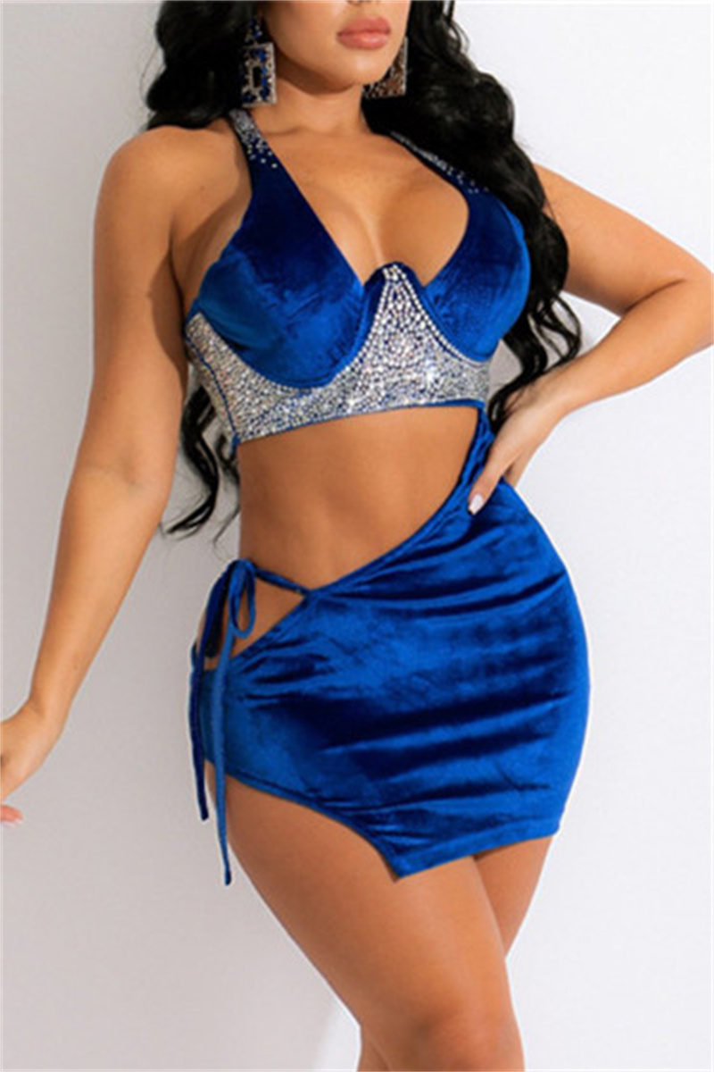 

Blue Sexy Patchwork Hot Drilling Bandage Hollowed Out Backless Spaghetti Strap Sleeveless Dress