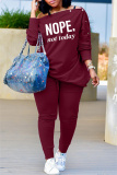 Burgundy Fashion Casual Letter Print Basic Oblique Collar Long Sleeve Two Pieces